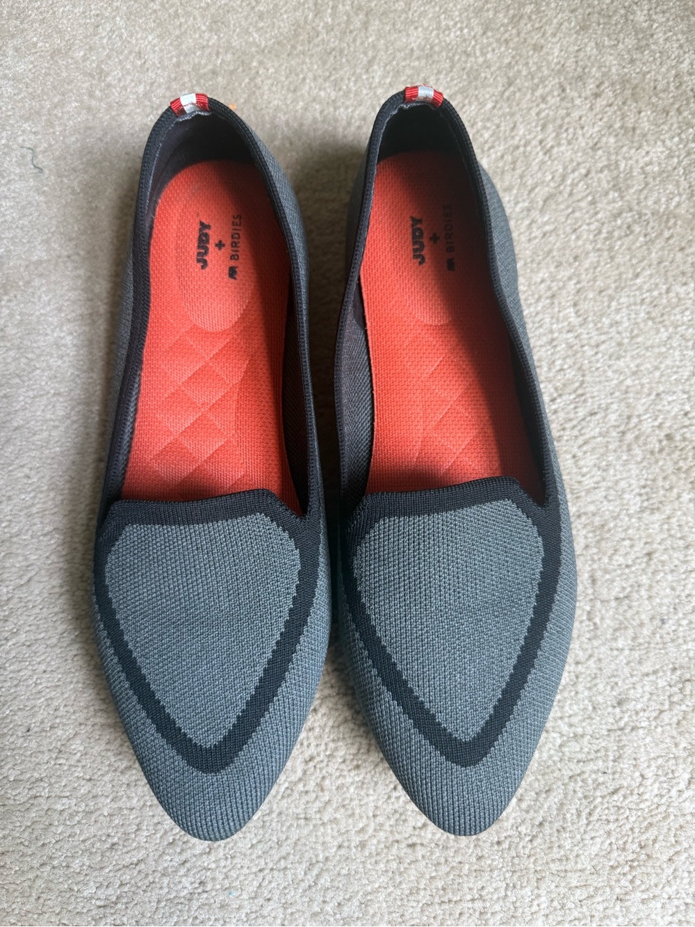 Judy + Birdies Gray Knit Pointed Flats with Black Trim and Orange Insoles